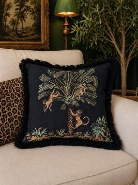 Vintage Monkey Palm Tree Tapestry Pillow – Fringe Trim Jungle Safari Decor